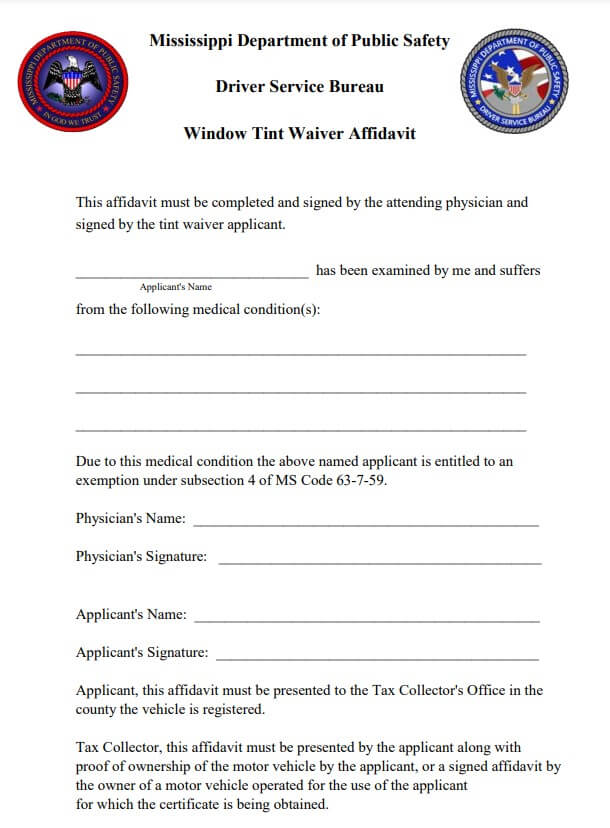 Mississippi Tint Exemption Form